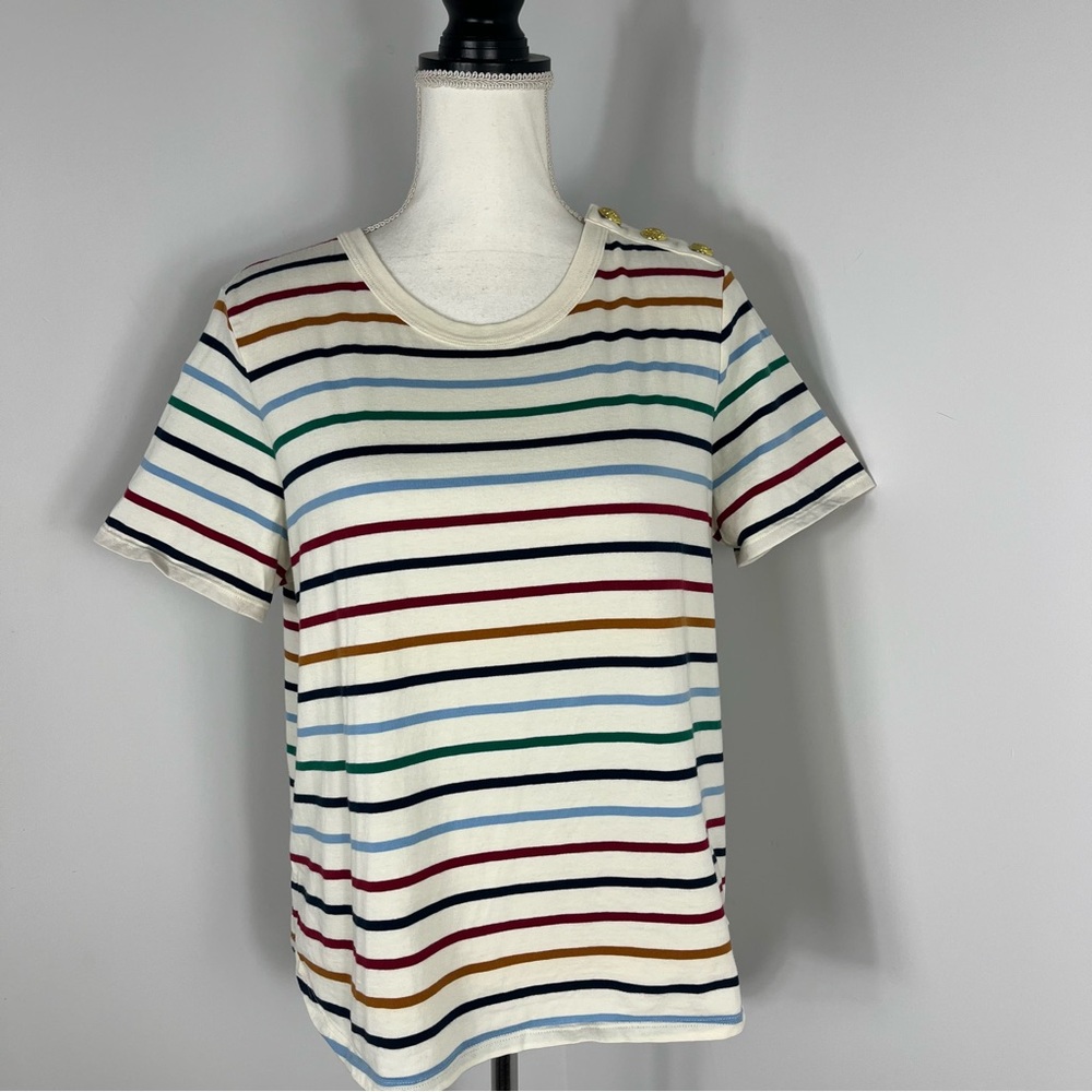 Veronica Beard button shoulder striped tee
